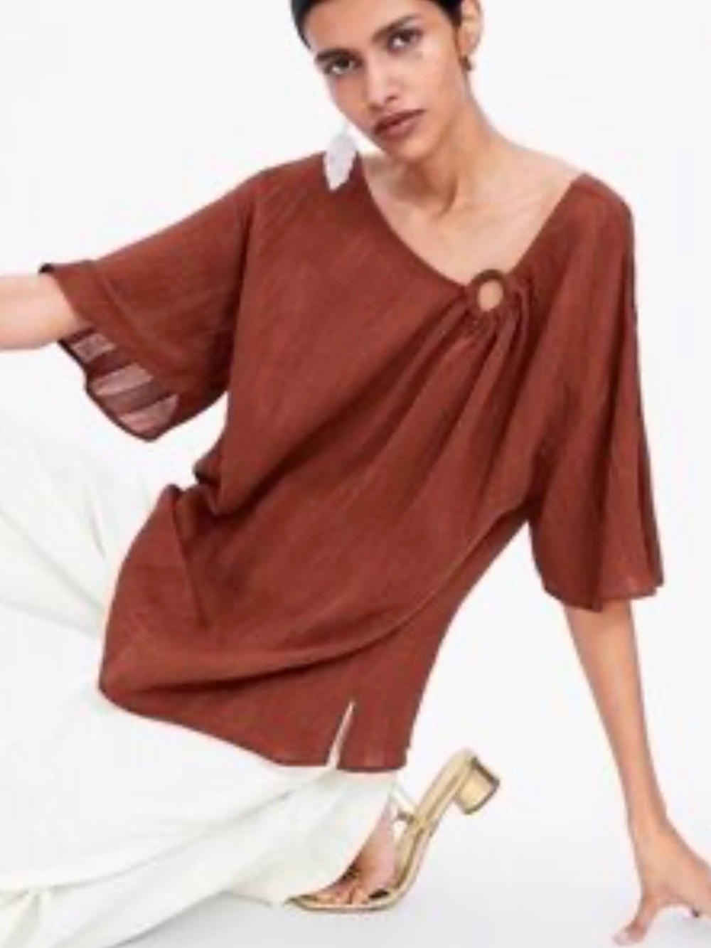 Zara Brown Ring-Accent Asymmetric Neck Tunic